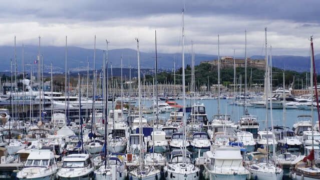 View of the famous Fort Carre and yachts at the Port Vauban in Antibes, France.