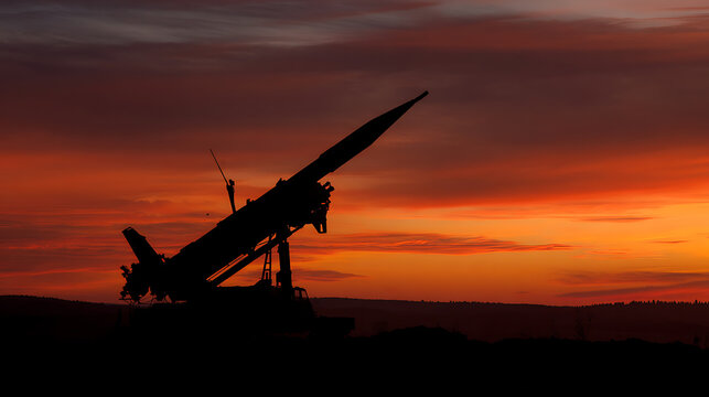 Silhouette of a missile launcher at dramatic sunset, with vibrant orange and red skies, suggesting themes of power, defense, and conflict