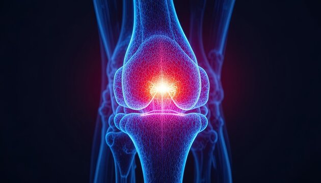 3D Medical Visualization of Human Knee Joint Anatomy with Highlighted Pain Area, Bone Structure and Ligaments Detailed View