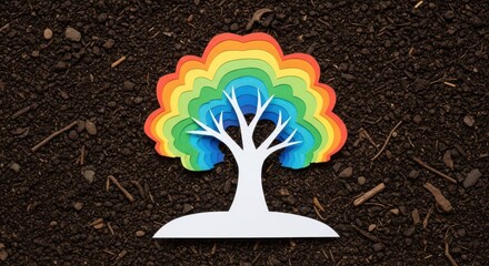 Obraz premium Vibrant rainbow-colored tree with white trunk on dark soil background, symbolizing growth and diversity