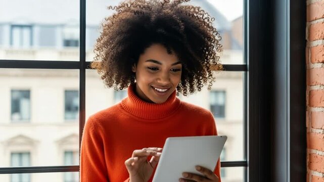 Young woman with curly hair using tablet near large window with cityscape view