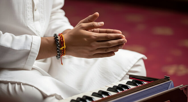 Prayer hands above harmonium expressing spirituality meditation and peaceful ritual moment