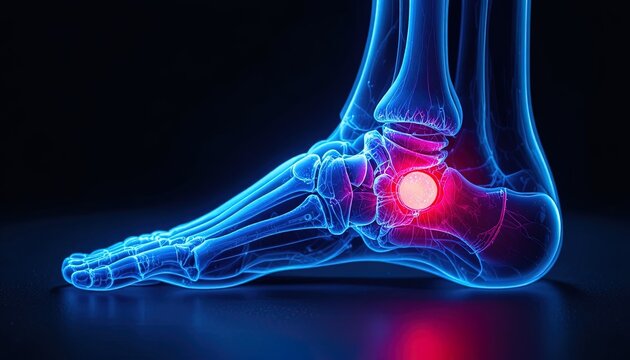 Foot Skeleton Illustration with Highlighted Pain Area, Medical Visualization of Injury and Anatomy, Blue X-Ray Effect