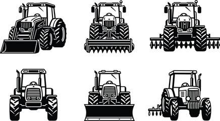 Obraz premium Black and white tractor front view silhouettes with loader, blade, rake, harrow, rotary tiller, and farming machinery attachments for agriculture equipment illustration