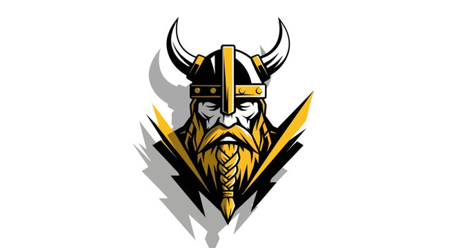 Viking warrior head illustration with helmet and braided beard on white