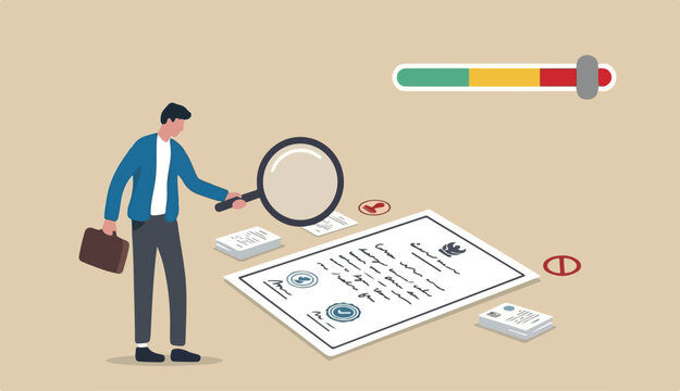 Fake document, wrong information verification or fake news inspection, fraud and illegal reports concept, smart businessman inspector using magnifying glass to verify fake document