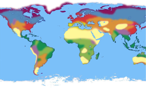 World map with colorful temperature or climate zones on blue background