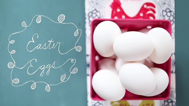 Fresh White Easter Eggs in a Red Basket with Decorative Flourish