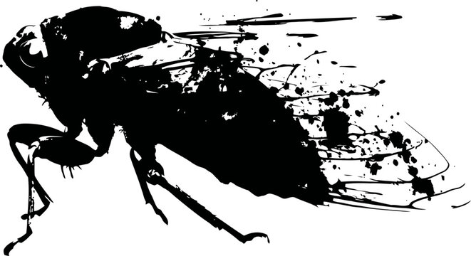 black ink splatter illustration of a cicada insect silhouette with wing details and artistic paint splashes