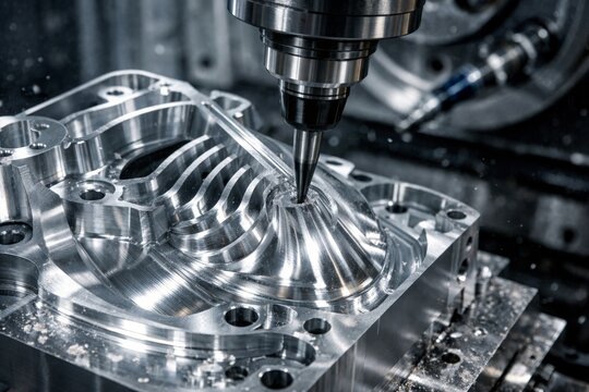 Cnc milling machine cutting aluminum part &ndash; precision metal machining in industrial workshop