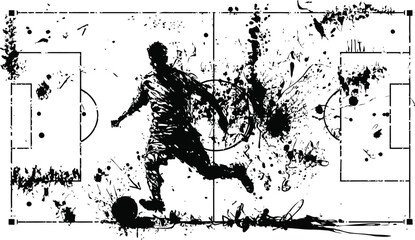 Obraz premium Soccer player silhouette kicking ball with dynamic paint splatter on field outline