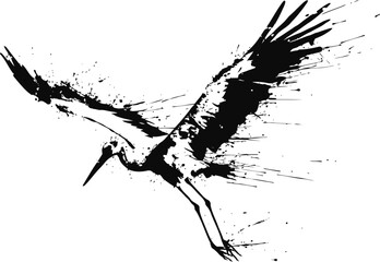 Naklejka premium Black flying crane silhouette with ink splatter effect abstract bird in motion art