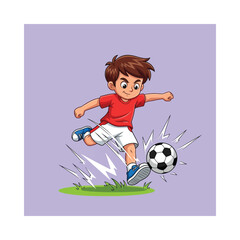 Obraz premium Young boy energetically kicking a soccer ball on a grassy field