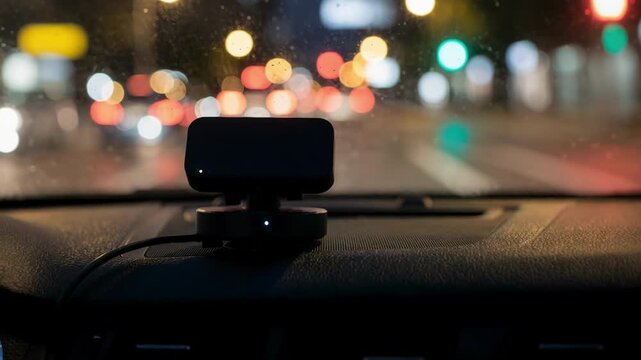 Closeup of a telematics device securely mounted on a car dashboard capturing driving data with blurred city traffic lights in the background for usagebased insurance analysis.
