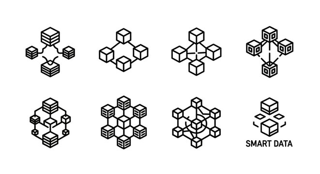 A detailed, digitally drawn collection of simplified geometric data flow diagrams featuring interconnected cubes and nodes, in a modern, minimalistic style. Ideal for illustrating digital ne