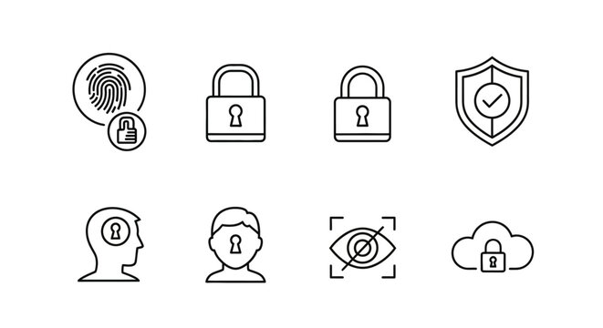 A detailed minimalistic vector collection featuring cybersecurity concepts, including fingerprint authentication, classic padlocks, a secured shield with a check mark, profile with a lock sy