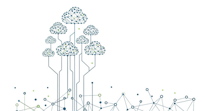Abstract digital connectivity concept depicting cloud computing with interconnected nodes and lines, a modern artistic interpretation for global data networking and online storage.