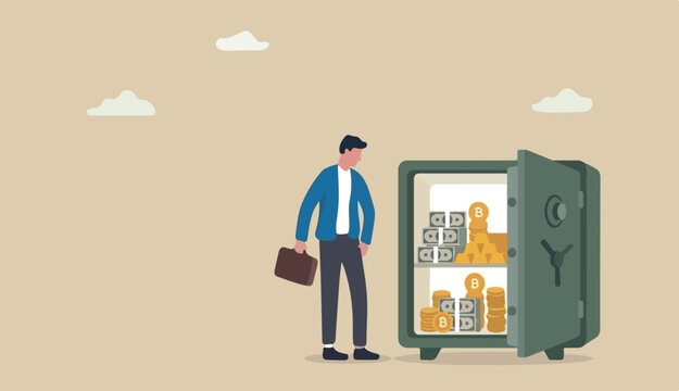 Alternative financial assets, crypto currency bitcoin, cash and gold for investment retirement plan concept, businessman investor standing with security safe with full cash, gold bitcoin inside