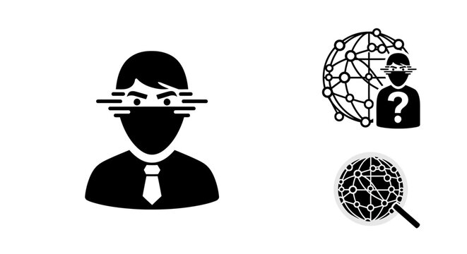 Abstract digital vector graphic set featuring identity verification, facial recognition scanning of a person, global network connections, and data privacy implications, presented in a minima