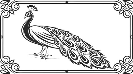 Fototapeta premium Black and white peacock in vintage line frame with floral corners