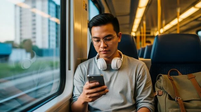 Young man using smartphone on train commute journey