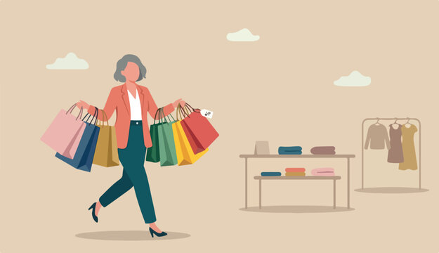 Shopping at retail store, happiness and joyful buying discount stuff, shopaholic into fashionable concept, stylish cheerful lady woman walking and carrying lot of shopping bags