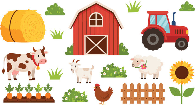 Cute farm animals barn vector set with cow goat sheep chicken tractor hay sunflower cartoon kids illustration pack