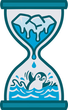 Manual Vector Illustration of Hourglass with Melting Ice and Drowning Penguin for Climate Change Urgency.