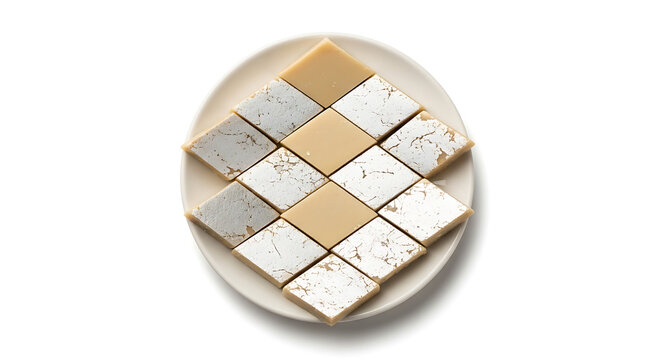 Top view of diamond shaped Kaju Katli or cashew fudge sweets decorated with edible silver foil vark arranged on a white ceramic plate isolated on white