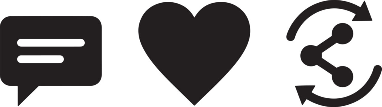 Social media icons collection with heart symbol, chat bubble, and share icon for digital communication.