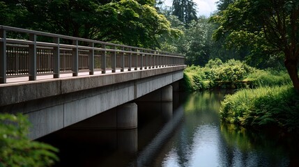 Fototapeta premium Modern concrete bridge spans a tranquil stream amidst vibrant greenery in a sun d d forest setting