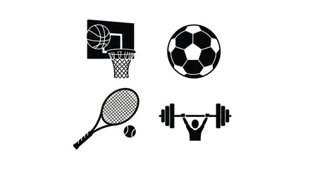 Sports equipment icons including a basketball hoop and soccer ball silhouette © Digonto