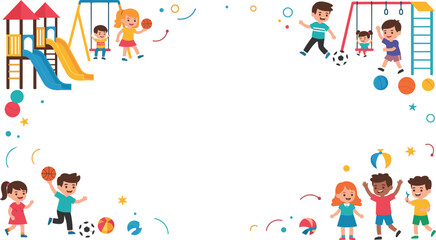 Naklejka premium Happy kids playing in playground with slides swings balls and fun activities colorful children outdoor park illustration