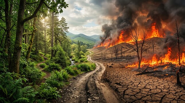 Split Landscape Showing Climate Change Impact