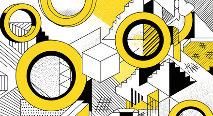 Fototapeta premium Geometric Abstract Pattern Yellow Circles Black White Shapes Graphic Design