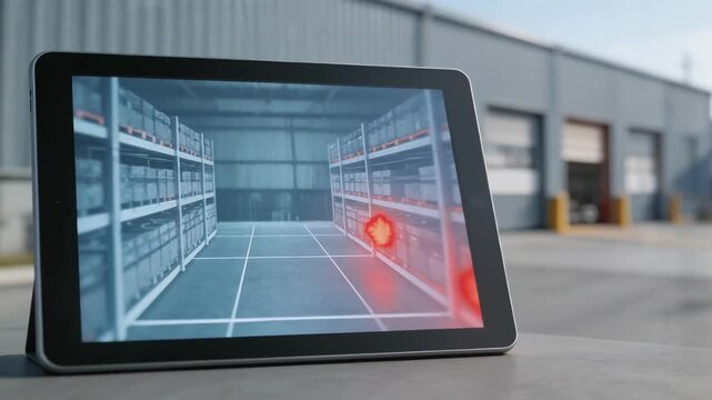 Focused tablet screen showing abnormal temperature alerts with a warehouses exterior out of focus emphasizing IoTdriven environmental monitoring for property protection.