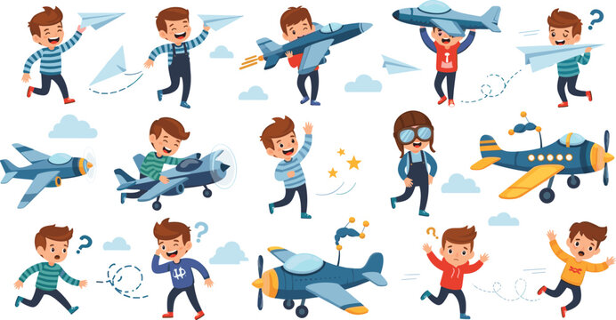 Kids playing with toy airplanes, children flying paper planes, happy boys aviation playtime cartoon scene,