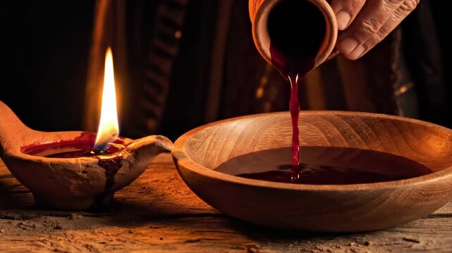 Old hand pouring red liquid from a clay vessel into a wooden bowl beside an ancient oil lamp for a solemn religious ritual concept and spiritual sacrifice