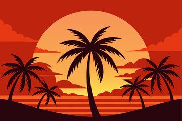 Fototapeta premium Bright Red Sun Sinking Behind Tropical Palm Trees Scene