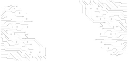 Obraz premium Abstract circuit board pattern with connected lines and nodes on a white background, technology concept.