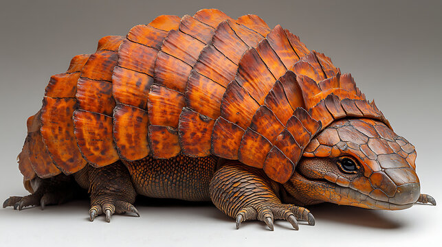 Studio-lit image of armadillo girdled lizard curled defensively dragon-like texture and armor white background 