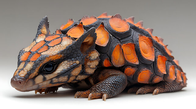 Studio-lit image of armadillo girdled lizard curled defensively dragon-like texture and armor white background 