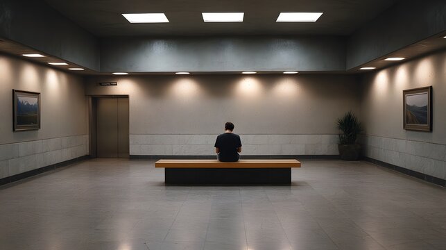 A lone person sits on a bench in a minimalist spacious interior hall with an elevator and artwork