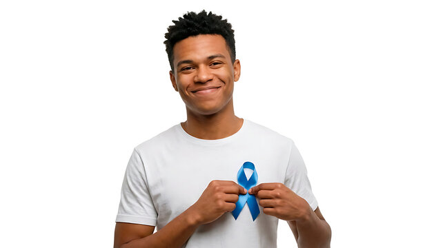 A man wearing a blue ribbon, supporting the cause with a smile. The man is wearing a simple white T-shirt and has a confident expression