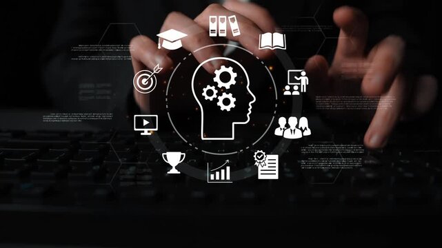 Hands on Keyboard with Overlay of Education Symbols and Cognitive Icons for Learning, Knowledge Sharing, and Skill Development in Digital Environment Gluon.