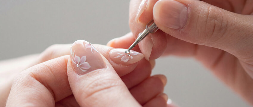 Nail master applying rhinestone on flower design manicure