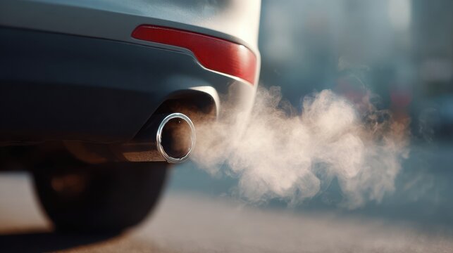 Close up of a car exhaust pipe releasing dark fumes while idling in an urban environment during daytime