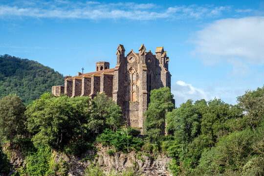 Ruin of Sant Joan les Fonts Benedictine monastery on a hilltop, Sant Joan les Fonts, La Garrotxa Volcanic Zone Natural Park, Province of Girona, Catalonia, Spain