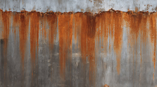 Aged metal surface with dramatic rust streaks. Weathered gray texture with vibrant orange and brown decay, showing extensive corrosion
