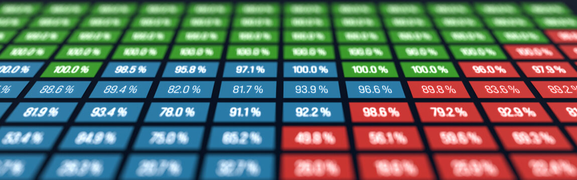Table or spreadsheet with random data, percentages ranging from zero to one hundred percent. Calculation, analyzing, financial report, big data, list, concept, chart in green, red and blue.